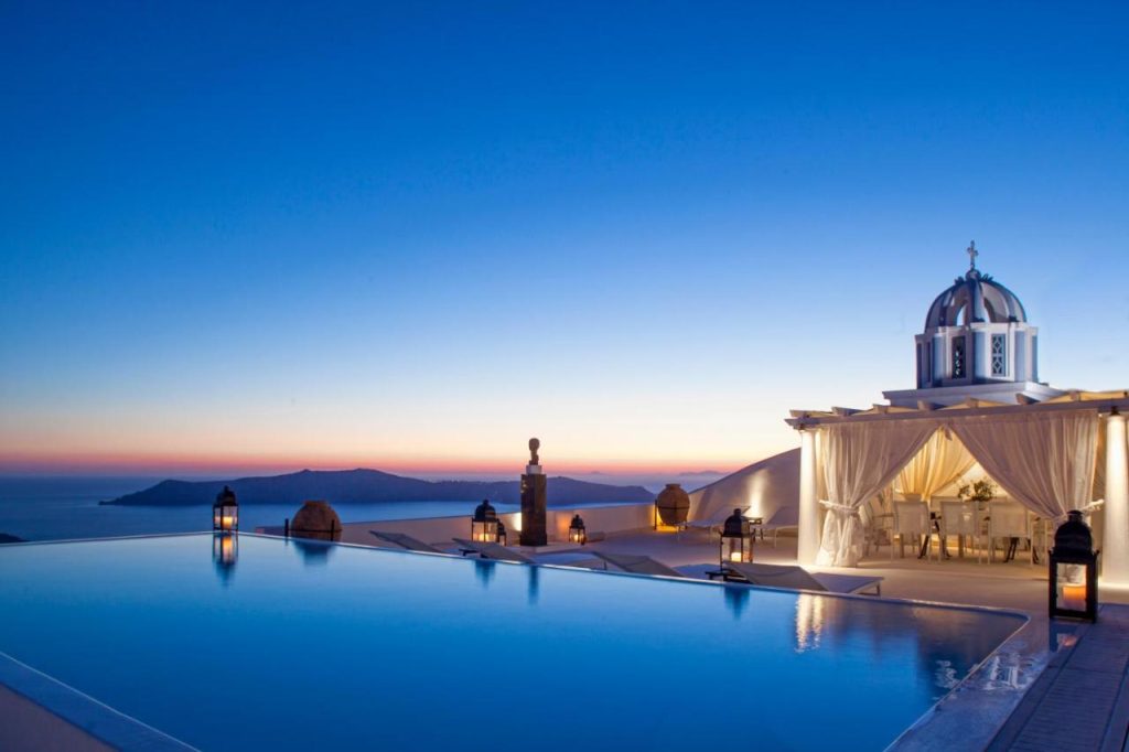 Exterior of Tsitouras Collection hotel at the edge of the Santorini Caldera